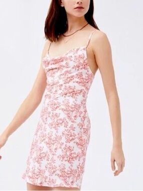 Floral Pink Slip Dress with Cowl Neck